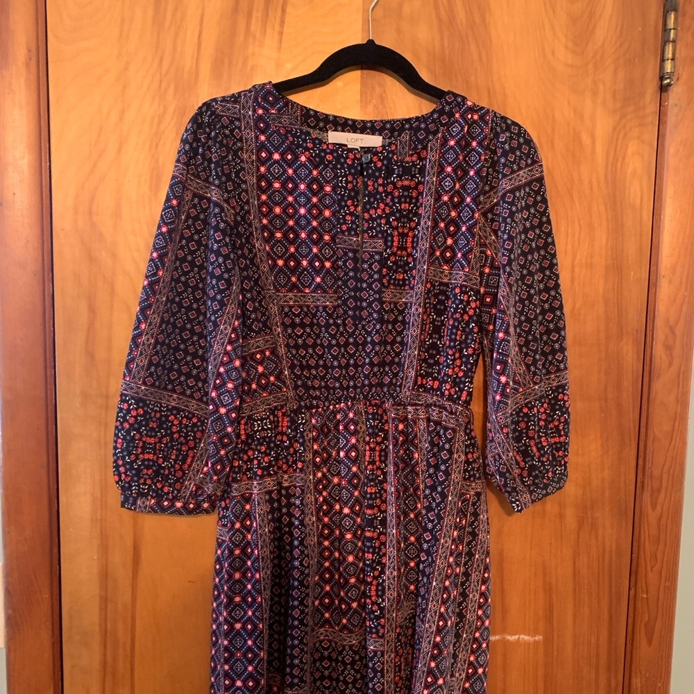 Blue and red patchwork print midi dress from Loft